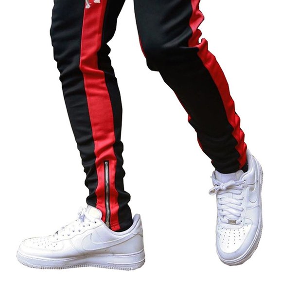 WOCACHI Men's Black & Red Side Stripe Track Pants with Zipper Pockets – NEW - Picture 3 of 7